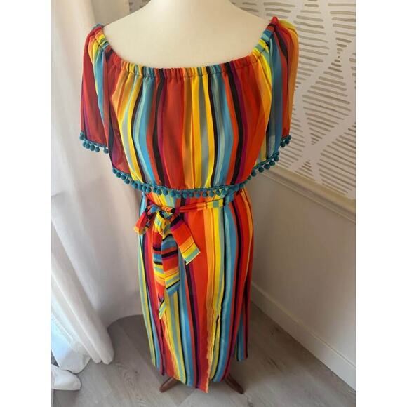 NWT Palms Away Women’s Small Rainbow Stripe and Pom Tassel Off Maxi Dress - Picture 2 of 6